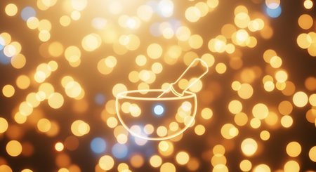 A glowing neon outline of a mortar and pestle floats against a dark background filled with warm, golden, out-of-focus bokeh lights. The image evokes concepts of mixology, cocktails, herbal medicine, or natural remedies.の素材