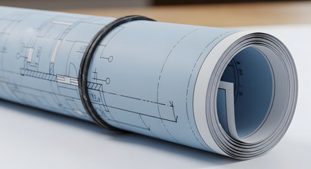 A close-up of a rolled-up architectural blueprint held together by a black rubber band. The image highlights the detailed plans for construction or engineering projects.の素材