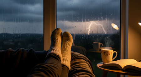 A person's point-of-view shot, relaxing with their feet up, wearing cozy, thick socks. They are sitting by a large window, looking out at a dark, rainy, and stormy night, with lightning visible in the distance. A steaming mug and an open book rest on a nearby table under a lamp.の素材