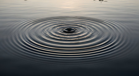 A top-down view of concentric, circular ripples expanding outwards on the surface of calm, dark water. The rings are caused by a disturbance at the center, creating a peaceful and mesmerizing pattern.の素材
