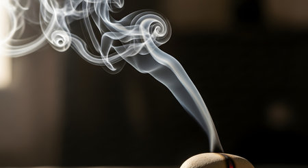 A graceful plume of white smoke rises and swirls in intricate patterns against a dark, out-of-focus background. The ethereal and fluid motion of the smoke creates a sense of calm and tranquility. This abstract image can represent aroma, meditation, or the passage of time.の素材