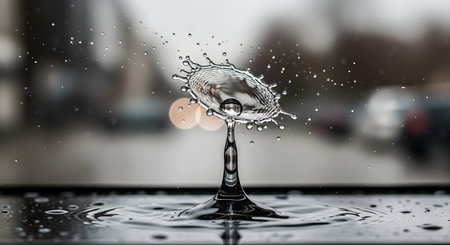 A high-speed macro photograph capturing the precise moment a water droplet collides with a water surface. The impact creates a complex splash, with a rising column (Worthington jet) and a secondary drop forming, against a blurred bokeh background.の素材