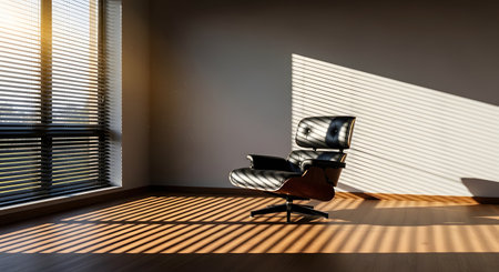 A classic black leather and wood lounge chair sits alone in an empty room with wooden floors. Bright sunlight streams through window blinds, casting a strong pattern of parallel light and shadow across the floor and wall.の素材