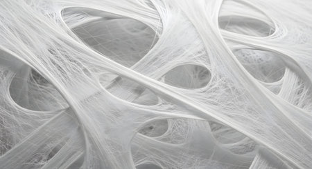 A macro, abstract photograph of a white, fibrous material being stretched and pulled apart. The fine, web-like strands create a complex network of holes and connections. This monochrome image works as a background representing concepts like connection, networks, or flexible materials.の素材