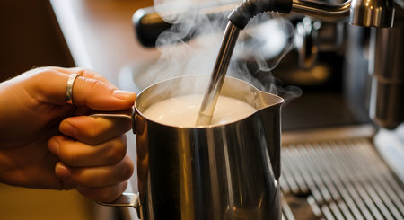 A close-up of a barista's hand holding a stainless steel pitcher filled with milk. A steam wand from an espresso machine is submerged in the milk, creating hot steam and frothing it for a coffee beverage like a latte or cappuccino.の素材