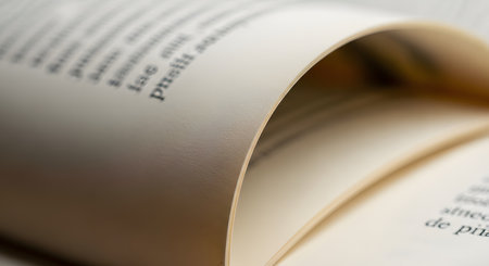 An artistic macro shot of an open book, with the focus on the smooth, curved edge of a turning page. The text on the pages is softly blurred, emphasizing the texture of the paper and the concept of reading, literature, and knowledge.の素材