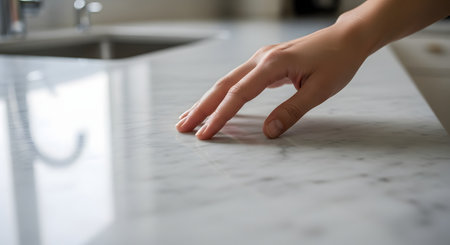 Close-up of a woman's hand gently touching the smooth, cool surface of a white marble countertop in a modern kitchen. The image conveys a sense of luxury, quality materials, cleanliness, and tactile sensation.の素材
