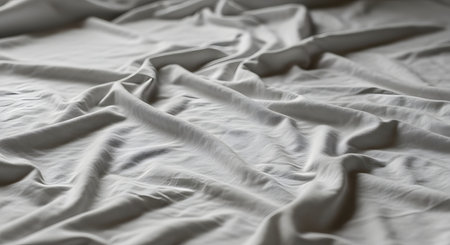 A close-up photograph of a crumpled, unmade white bed sheet, creating a soft and complex texture of folds and shadows. The image serves as an abstract background, evoking a sense of morning, comfort, or intimacy.の素材