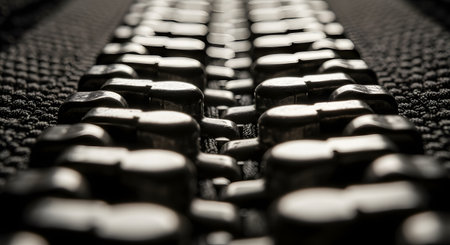 An extreme macro, low-angle shot of a closed black plastic zipper. The repeating teeth create a strong, industrial pattern, emphasizing concepts of connection, fastening, and detailed texture.の素材