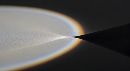 A minimalist and abstract macro photograph captures a spectrum of rainbow colors created by light refraction on a textured paper surface. A sharp, dark shadow bisects the curve of light, creating a study in contrast, physics, and minimalism.の素材