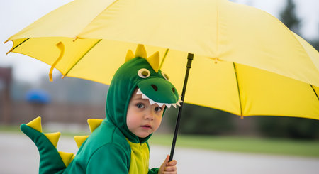 A cute young boy wearing a green dinosaur costume with a hood and tail stands outside holding a large yellow umbrella. He has a slightly surprised or curious expression, looking towards the camera on an overcast, rainy day.の素材