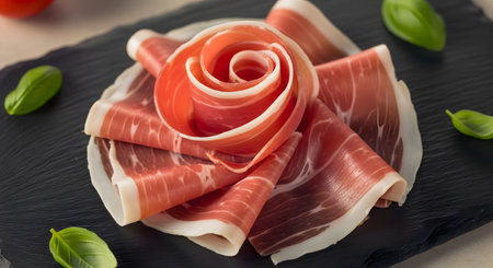 A beautifully arranged rose, made from thin slices of pink prosciutto (jamon), sits on a dark slate serving board. Fresh basil leaves are scattered around as a garnish. This image represents gourmet appetizers, charcuterie, Italian food, and culinary artistry.の素材