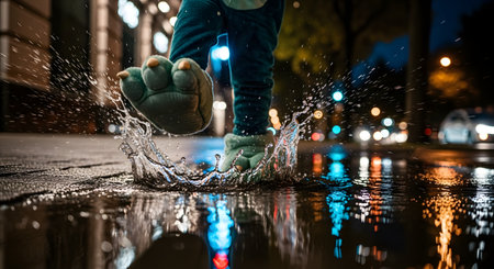 A child wearing fun, green monster-paw slippers joyfully splashes in a puddle on a wet city street at night. The dynamic, low-angle shot captures the water splashing upwards, with colorful city lights reflecting on the pavement.の素材