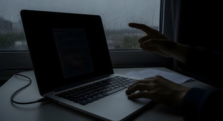 A person works on a laptop in a dark room, their hands illuminated by the screen's glow. One hand is on the trackpad, while the other hand points towards the screen, which displays a document. A window with rain running down it is visible in the background.の素材