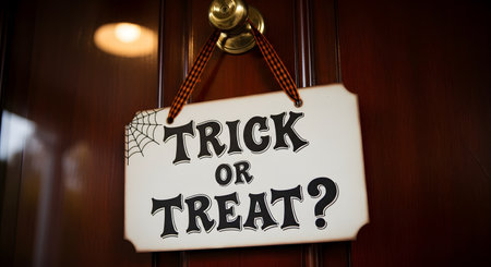 A festive 'Trick or Treat?' sign with a spiderweb graphic hangs from a brass doorknob on a dark wooden door. This image perfectly captures the welcoming spirit and tradition of Halloween night.の素材