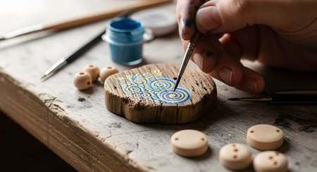 A close-up of an artist's hand delicately painting an intricate blue and yellow pattern, resembling a mandala, onto a rustic slice of wood. The scene, set in a workshop with beads and brushes nearby, captures the essence of creativity, craftsmanship, and handmade art.の素材