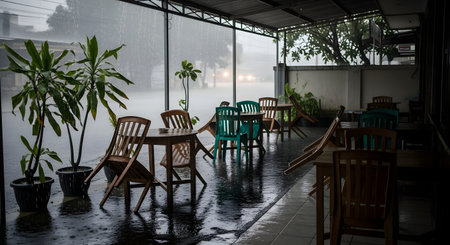 An empty outdoor cafe or restaurant terrace during a heavy downpour, with tables and chairs scattered and wet. The scene captures the intensity of a tropical storm or monsoon, creating a moody and deserted atmosphere.の素材