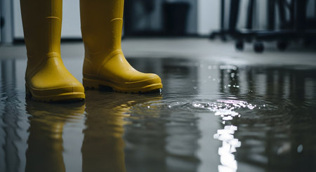 A low-angle shot of a person wearing bright yellow rubber boots, standing in a flooded room with water rippling around their feet. The light reflects on the water's surface, indicating a leak, flood, or cleaning in progress. This image represents flooding, water damage, or protection.の素材