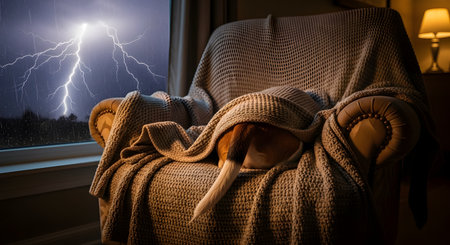 A dog is hiding under a cozy, beige knitted blanket on an armchair, with only its white-tipped tail visible. Outside the window, a dramatic thunderstorm rages, with a bright lightning bolt striking in the dark, rainy sky. The image conveys the dog's fear of the storm.の素材