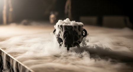A small, black, ornate cauldron sits on a wooden table, bubbling and overflowing with thick white smoke (dry ice vapor). The scene is dark and moody, suggesting magic, a witch's brew, or a Halloween potion.の素材