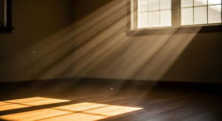 Beams of golden sunlight stream through a window into a quiet, empty room, beautifully illuminating floating dust particles in the air. The light casts shadows and creates a patch of brightness on the dark wooden floor, evoking a sense of peace, hope, or nostalgia.の素材