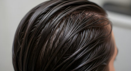An extreme close-up, macro shot of a person's head, showing their wet, dark brown hair. The image highlights the texture of the hair strands and the visible scalp, possibly after washing or applying a product.の素材