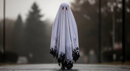 A person in a white sheet ghost costume, with black handprints near the hem, stands in the middle of a wet road. The background is foggy and rainy, with trees, creating a spooky and mysterious atmosphere.の素材