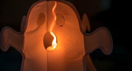 A close-up of a paper ghost Halloween decoration illuminated from within by the flickering flame of a candle, which is visible through the ghost's open mouth. The spooky and festive lantern glows in the dark, creating a classic holiday atmosphere.の素材