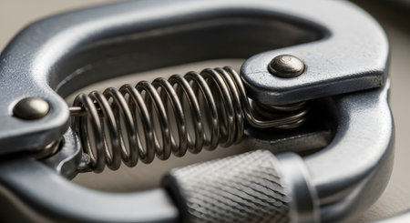 A macro close-up of the metal spring mechanism of a hand gripper or spring clamp. The coiled torsion spring and metal frame are in sharp focus, highlighting concepts of strength, tension, resistance, and mechanics.の素材