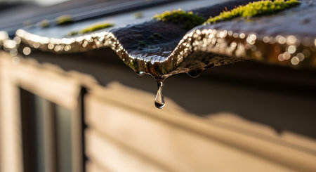 A macro close-up captures a single water droplet about to fall from the edge of a wet, moss-covered corrugated roof. The backlighting creates a beautiful bokeh effect and highlights the clarity of the water, symbolizing purity and the end of a rain shower.の素材