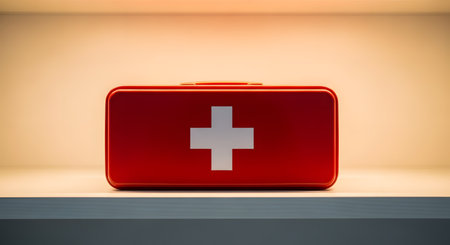 A red, metal first aid kit box with a white cross symbol on the front. The kit is sitting on a white shelf, illuminated by warm, soft light from above. This image represents safety, emergency, medical care, and preparedness.の素材