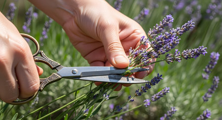 A person's hands use a pair of ornate, vintage-style scissors to cut and harvest a bunch of fresh purple lavender flowers. The scene takes place in a sunlit lavender field. It represents gardening, aromatherapy, natural remedies, and the summer harvest.の素材