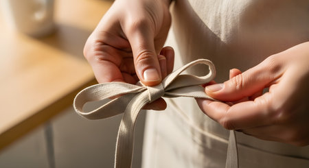 A close-up of a person's hands tying a bow with the canvas strap of a beige apron. The person is in a kitchen or workshop setting, suggesting activities like cooking, baking, or crafting.の素材