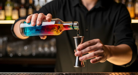 A bartender's hands pour a colorful, layered liqueur (blue, yellow, red) from a bottle into a metal jigger. The bar is dimly lit, with a blurred background of many bottles on shelves. This image represents mixology, cocktails, nightlife, and bartending.の素材