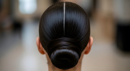 A rear view of a woman's head, showcasing a perfect, sleek, and shiny dark brown hair bun. The hair is neatly parted in the middle and pulled back tightly, representing elegance, ballet, formal hairstyles, and grooming.の素材
