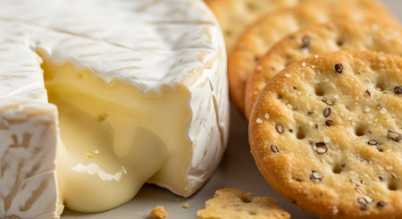 A close-up of a wheel of soft, creamy brie or camembert cheese with a slice cut out, revealing the gooey, melted interior. Beside it are several round, seeded crackers, suggesting a gourmet appetizer or snack.の素材