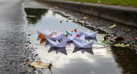 A fleet of small, colorful origami paper boats floats together in a puddle on an asphalt street after a rain shower. The scene evokes themes of childhood, imagination, community, and simple joys.の素材