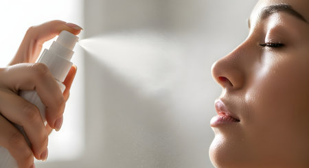 A close-up profile of a woman's face with her eyes closed, receiving a fine spray of facial mist from a white bottle. The mist is visible in the air, highlighting the concept of hydration, skincare, and refreshment.の素材