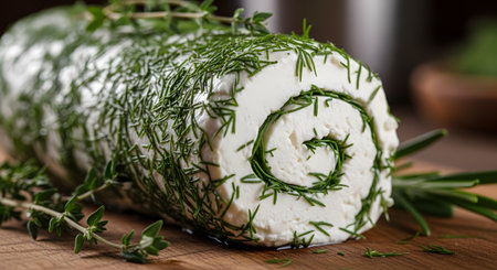 A close-up of a gourmet log of soft goat cheese or cream cheese, beautifully rolled and coated in fresh, green dill and thyme. The cheese roulade, showing a spiral pattern, is presented on a wooden board as a delicious and elegant appetizer.の素材