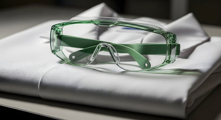 A pair of green-framed, clear plastic safety goggles rests on top of a neatly folded white lab coat. The image represents science, laboratory work, safety, research, or the medical profession.の素材