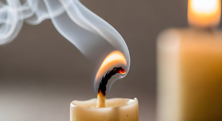 A macro close-up of a candle wick that has just been extinguished, with a small orange ember still glowing. A graceful wisp of white smoke rises from the blackened wick against a soft-focus background.の素材