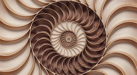 An abstract background of a perfectly crafted wooden spiral that resembles the cross-section of a nautilus shell. The design showcases the Fibonacci sequence and the golden ratio, creating a mesmerizing and organic pattern.の素材