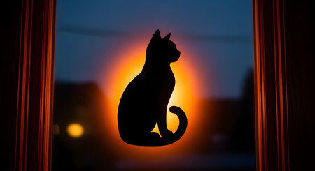 A black cat silhouette, likely a sticker or cutout, on a window, viewed from inside a dark room. The cat is backlit by a warm, orange glow, creating a spooky or cozy ambiance against the dark blue dusk sky visible outside. Perfect for Halloween.の素材