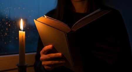 In a dark room with a rainy window in the background, a person reads an open book illuminated only by the warm flame of a single candle. The atmospheric scene evokes a sense of quiet, study, nostalgia, and tranquility.の素材