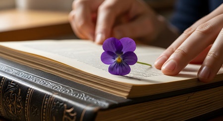 A close-up of a person's hands gently placing a single, fresh purple violet flower on the page of a large, open vintage book. The book has aged, yellowed pages and a decorative spine, evoking a sense of nostalgia, romance, reading, or pressing flowers.の素材
