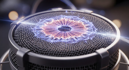 A close-up of a professional studio microphone with a glowing, futuristic visualization of a circular soundwave on its mesh grille. The digital audio graphic is blue and orange, representing sound, voice, podcasting, music production, or artificial intelligence.の素材