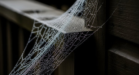 A delicate spiderweb, covered in tiny shimmering dew drops, is stretched across a dark wooden railing. The macro photograph highlights the intricate pattern of the web and the beauty of nature in the early morning.の素材