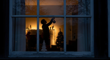 Viewed from outside through a window at dusk, the silhouette of a person is seen decorating their home for Christmas. The warm interior lights contrast with the dark exterior, creating a cozy and nostalgic holiday scene.の素材