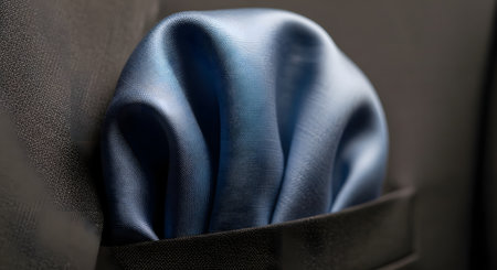 A close-up macro shot of a blue silk pocket square neatly folded in the breast pocket of a dark, textured suit jacket. The image highlights men's fashion, formal wear, and elegant accessories.の素材
