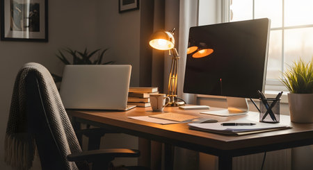 A cozy and organized home office workspace in the evening, illuminated by the warm glow of a desk lamp. The setup includes a computer, laptop, and office supplies, creating a productive yet comfortable atmosphere for remote work or studying.の素材